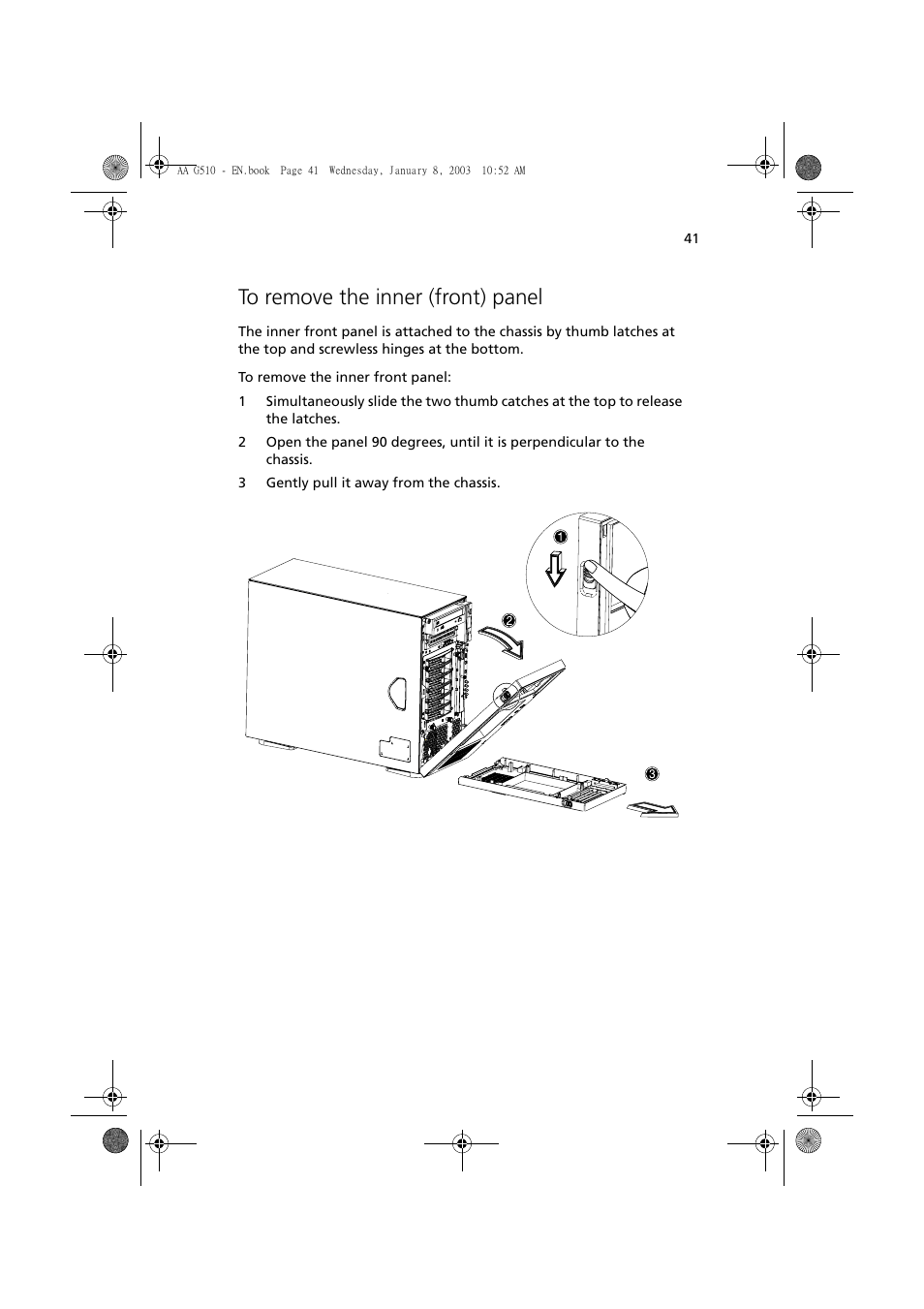 To remove the inner (front) panel | Acer Altos G510 series User Manual | Page 51 / 134