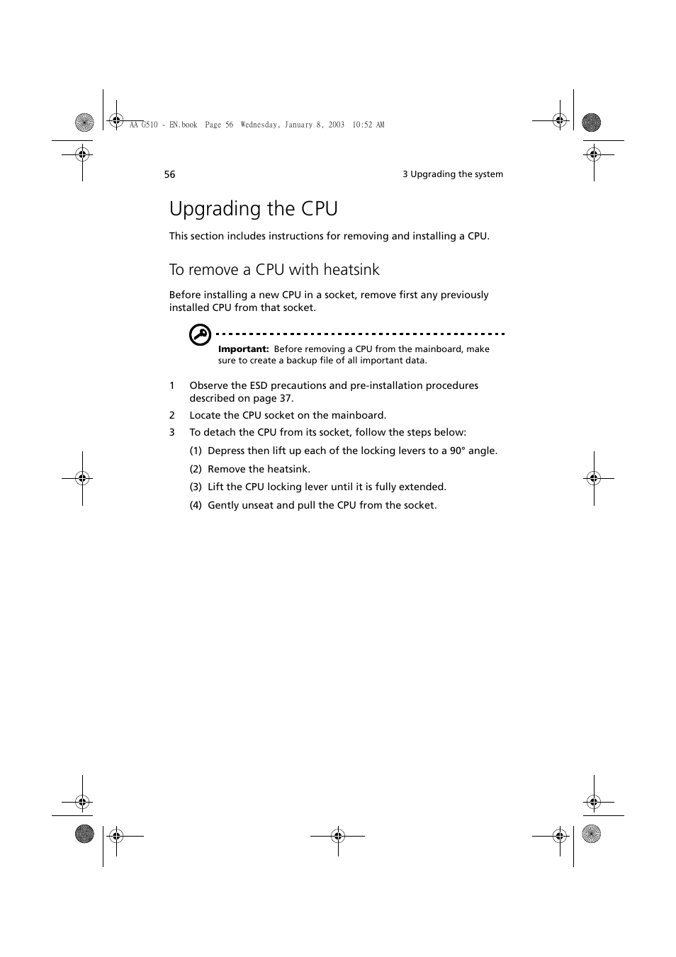 Upgrading the cpu, To remove a cpu with heatsink | Acer Altos G510 series User Manual | Page 66 / 134