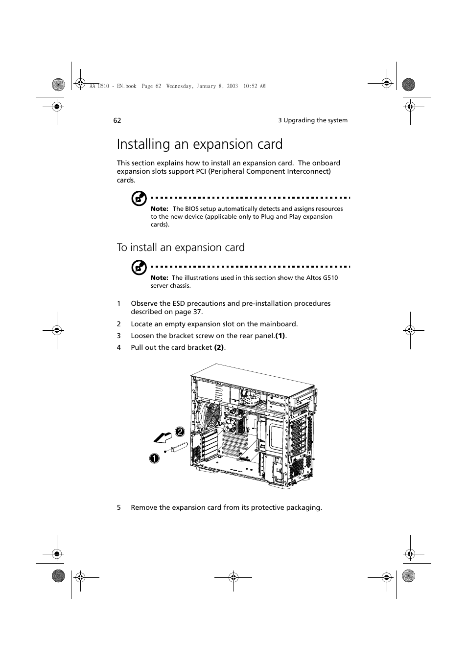 Installing an expansion card, To install an expansion card | Acer Altos G510 series User Manual | Page 72 / 134