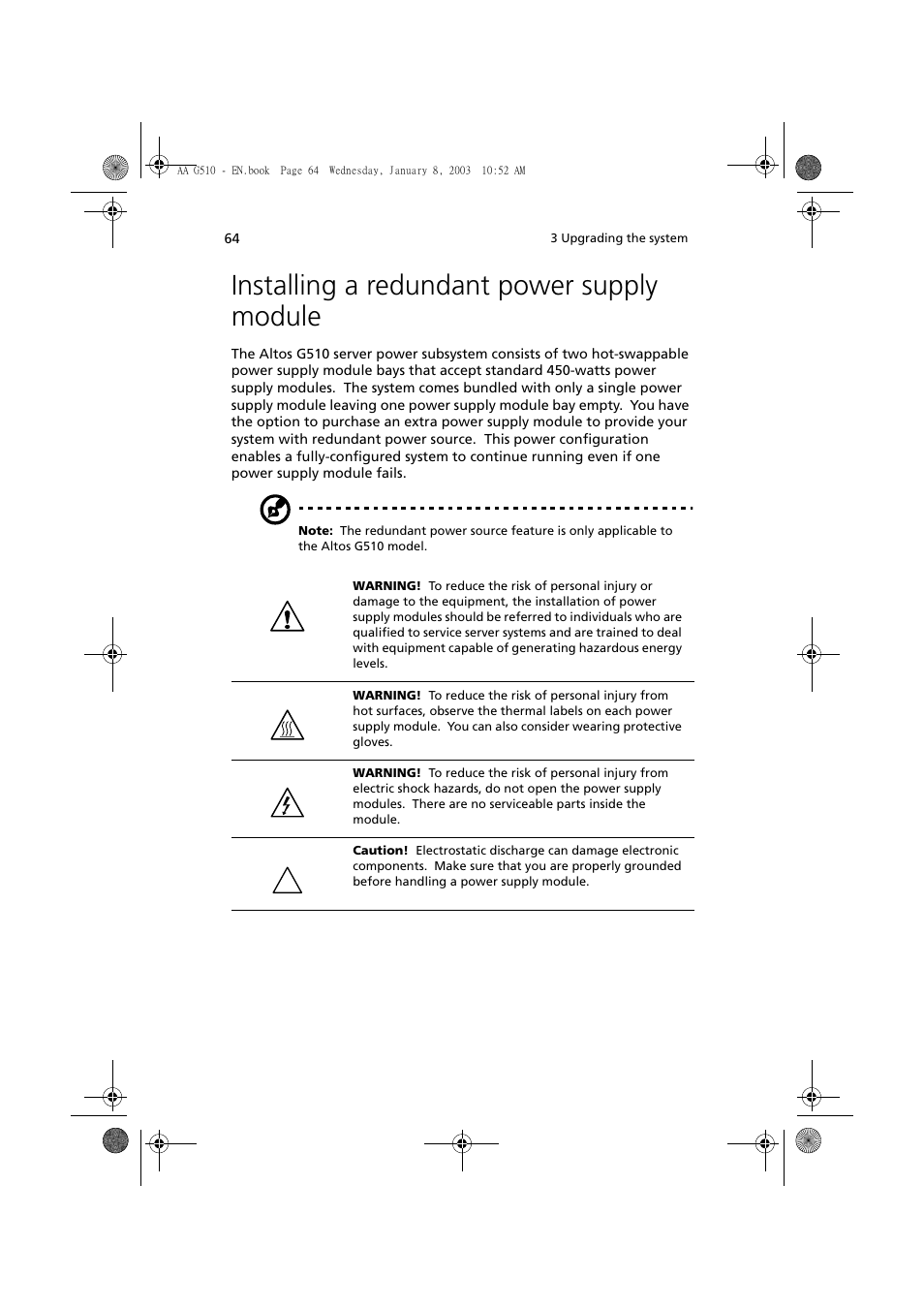Installing a redundant power supply module | Acer Altos G510 series User Manual | Page 74 / 134