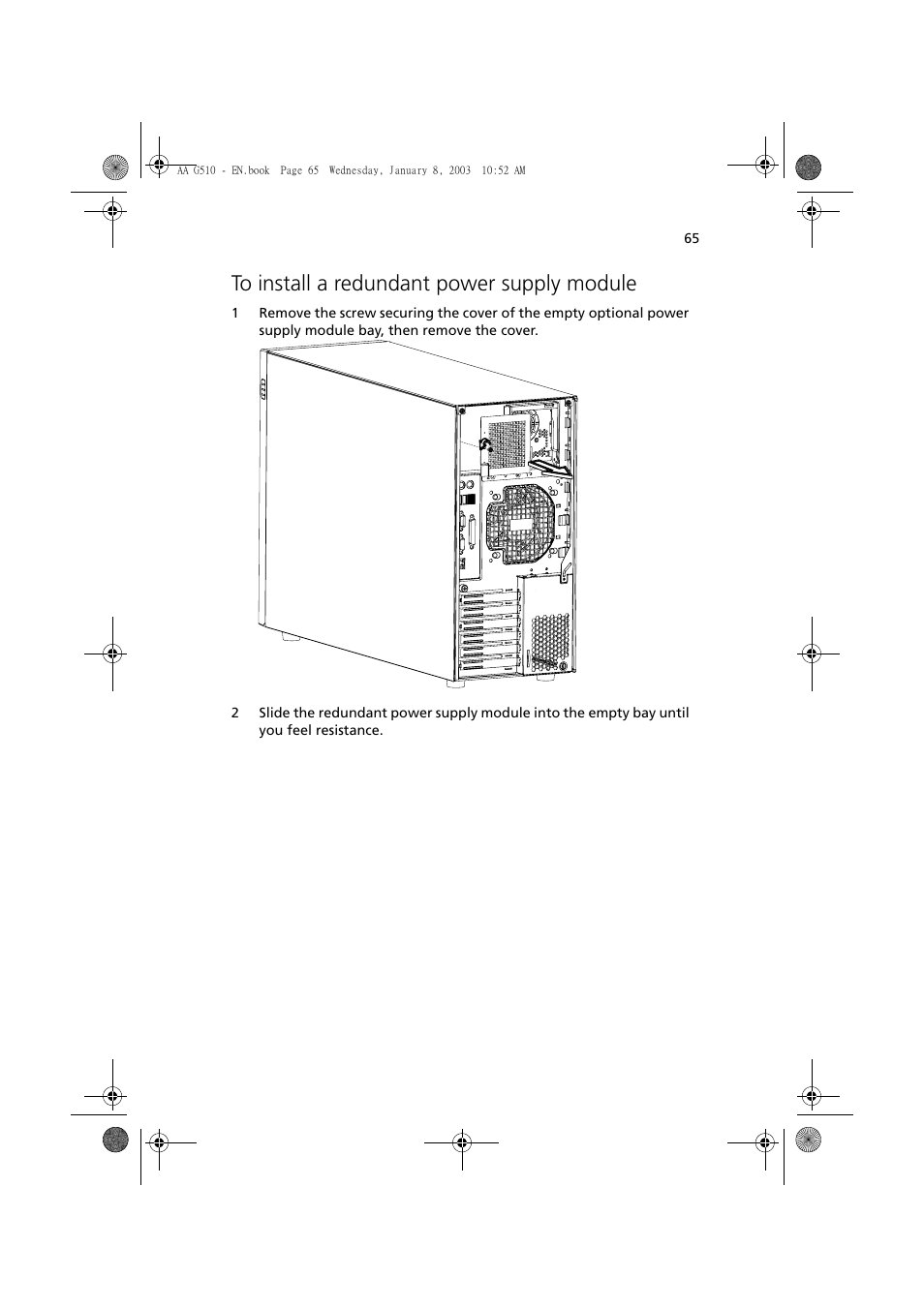 To install a redundant power supply module | Acer Altos G510 series User Manual | Page 75 / 134