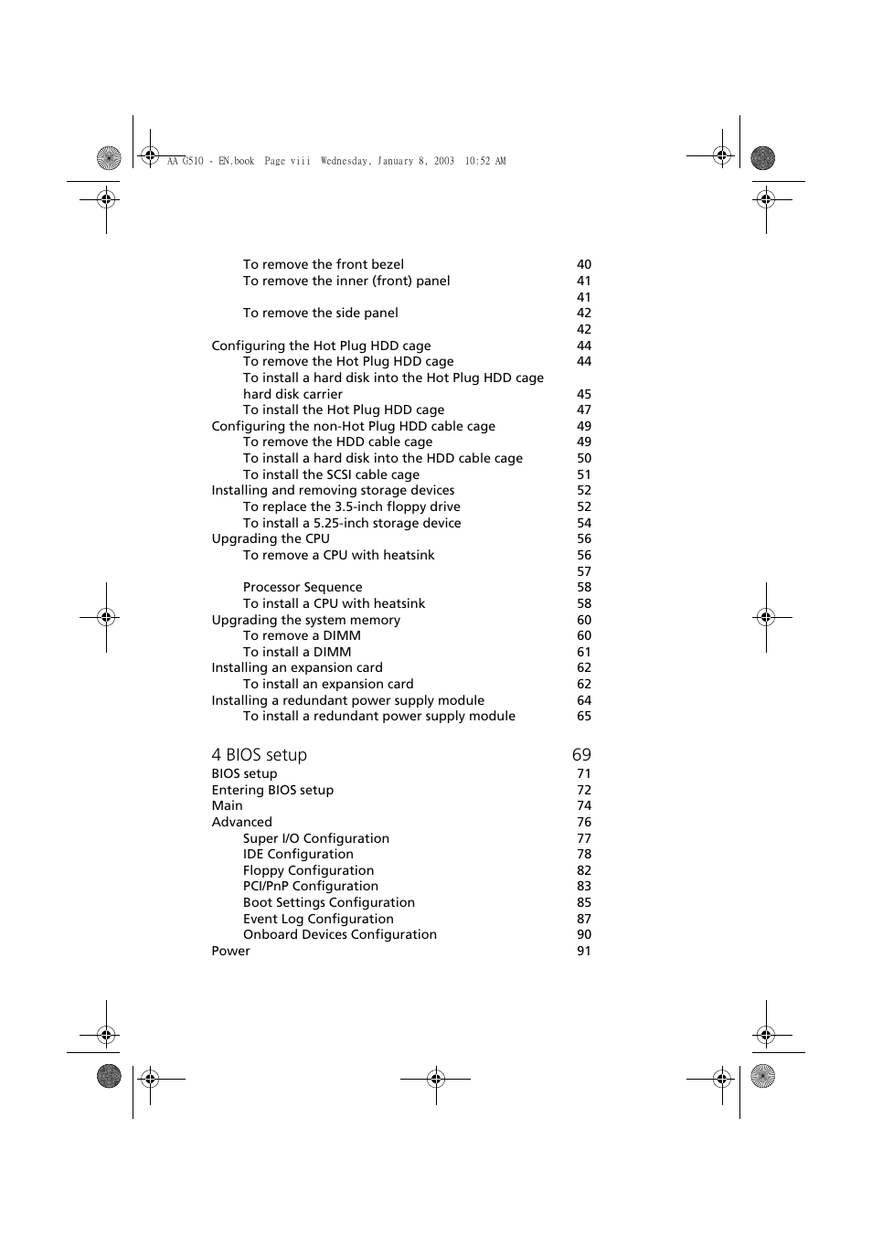 4 bios setup 69 | Acer Altos G510 series User Manual | Page 8 / 134