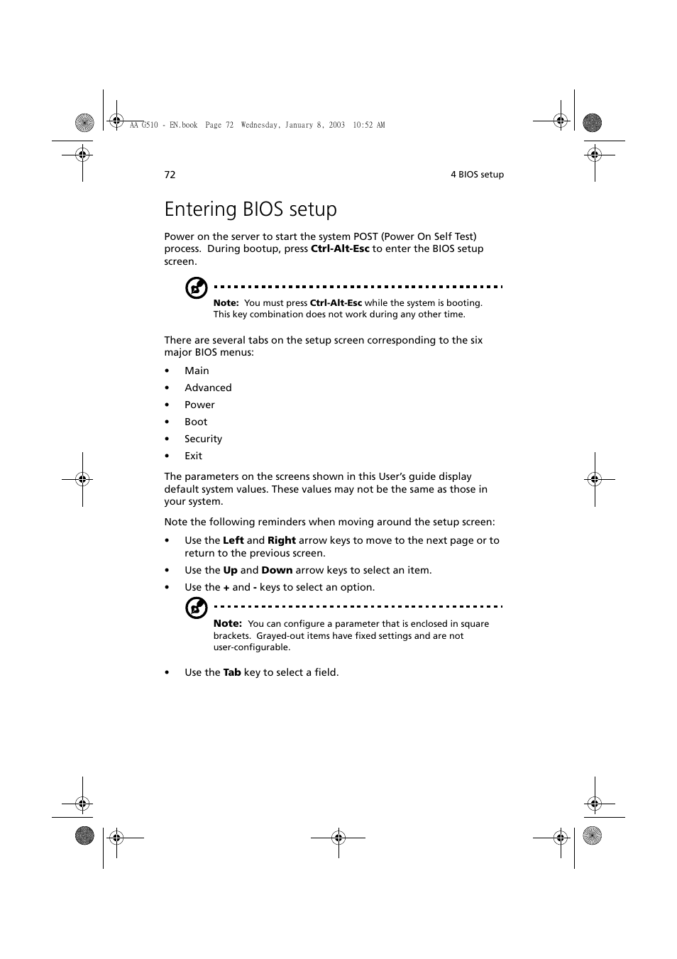 Entering bios setup | Acer Altos G510 series User Manual | Page 82 / 134