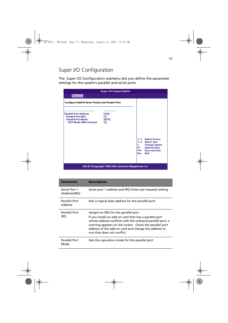 Super i/o configuration | Acer Altos G510 series User Manual | Page 87 / 134