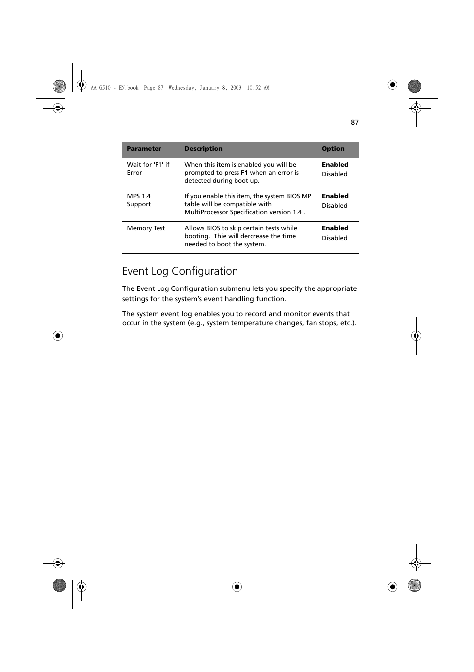 Event log configuration | Acer Altos G510 series User Manual | Page 97 / 134