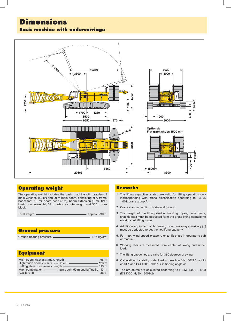 Dimensions, Basic machine with undercarriage, Operating weight | Ground pressure, Equipment, Remarks | Liebherr LR 1300 User Manual | Page 2 / 36