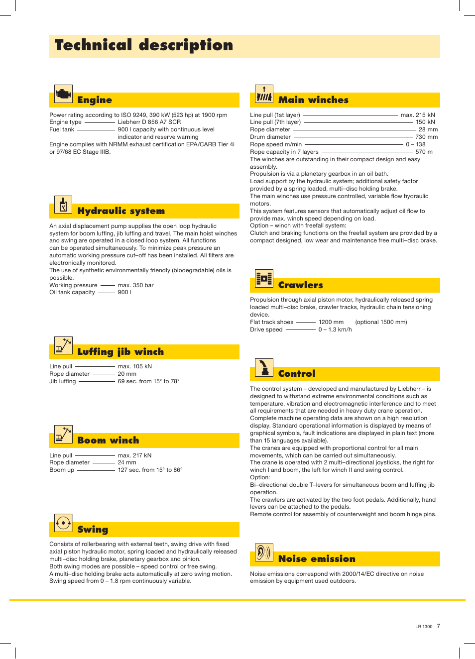 Technical description, Engine, Hydraulic system | Lufﬁng jib winch, Boom winch, Swing, Main winches, Crawlers, Control, Noise emission | Liebherr LR 1300 User Manual | Page 7 / 36