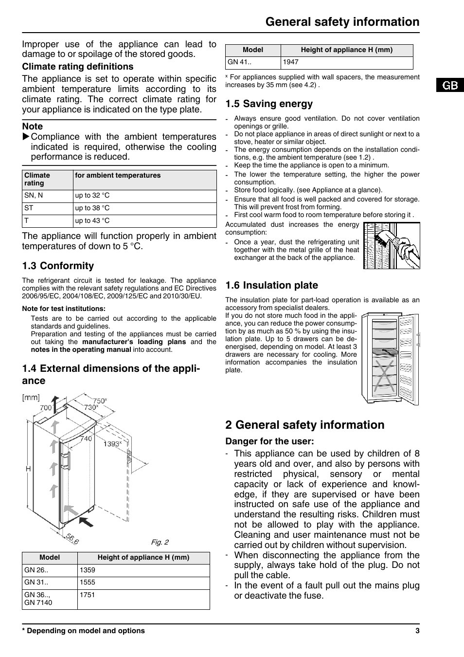 3conformity, 4external dimensions of the appliance, 5saving energy | 6insulation plate, 2general safety information, 2 general safety information, General safety information, 3 conformity, 4 external dimensions of the appli- ance, 5 saving energy | Liebherr GN 4113 Comfort NoFrost User Manual | Page 3 / 12