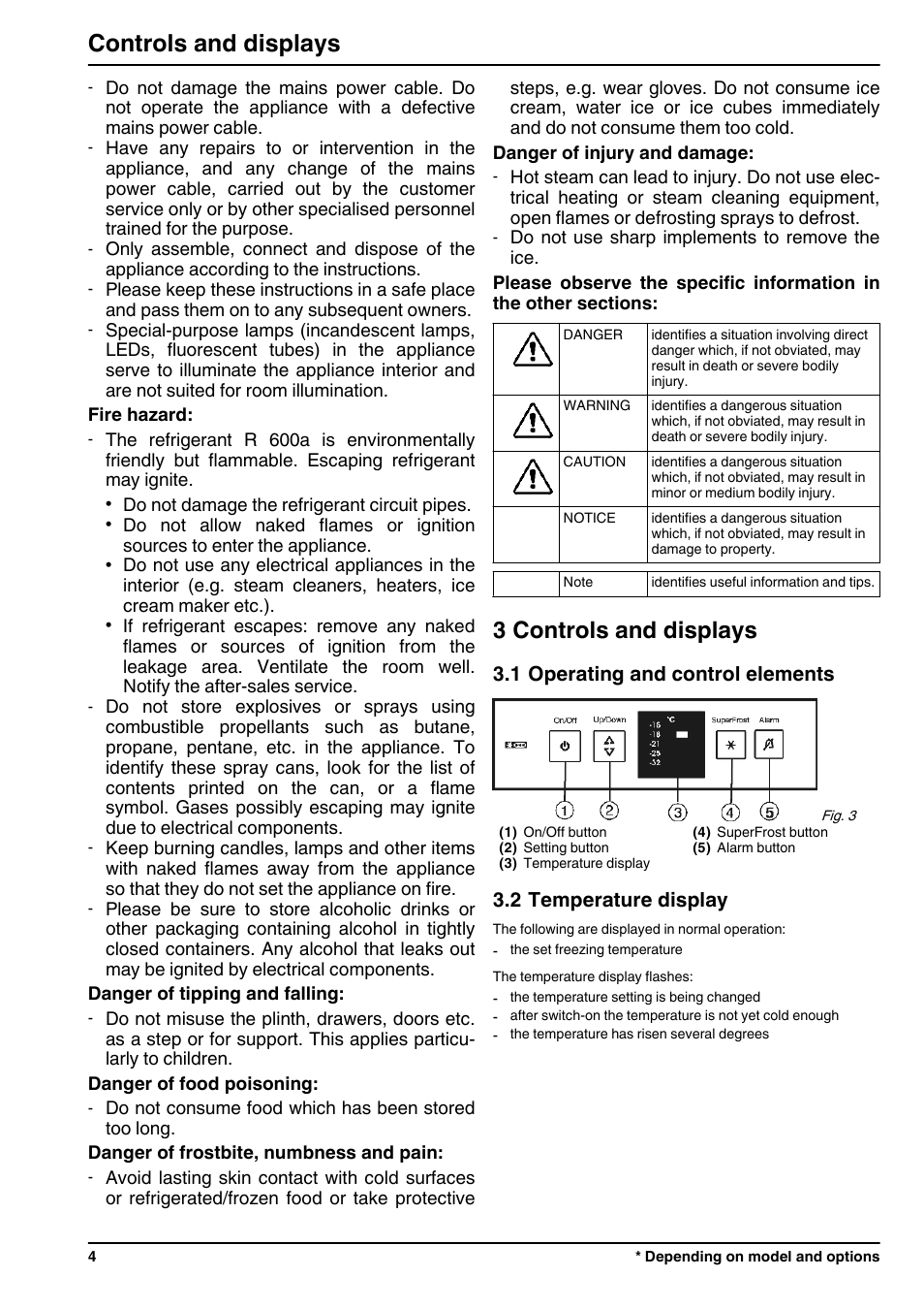 3controls and displays, 1operating and control elements, 2temperature display | 3 controls and displays, Controls and displays | Liebherr GN 4113 Comfort NoFrost User Manual | Page 4 / 12