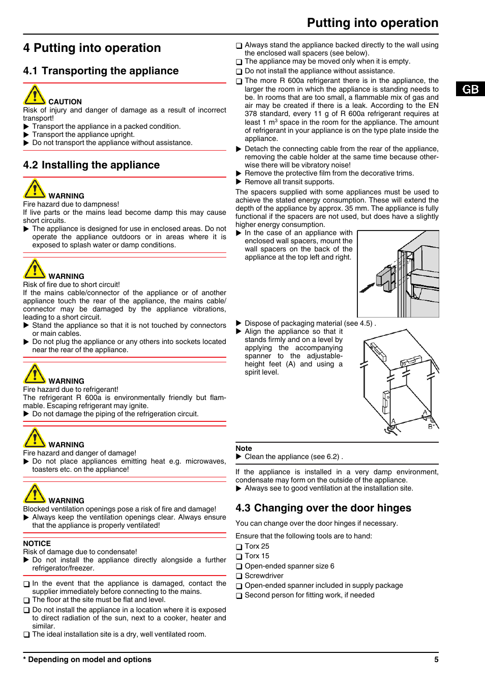 4putting into operation, 1transporting the appliance, 2installing the appliance | 3changing over the door hinges, 4 putting into operation, Putting into operation, 1 transporting the appliance, 2 installing the appliance, 3 changing over the door hinges | Liebherr GN 4113 Comfort NoFrost User Manual | Page 5 / 12