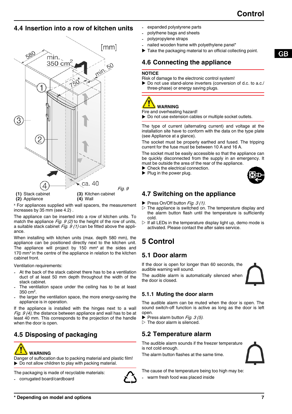 4insertion into a row of kitchen units, 5disposing of packaging, 6connecting the appliance | 7switching on the appliance, 5control, 1door alarm, 1muting the door alarm, 2temperature alarm, 5 control, Control | Liebherr GN 4113 Comfort NoFrost User Manual | Page 7 / 12