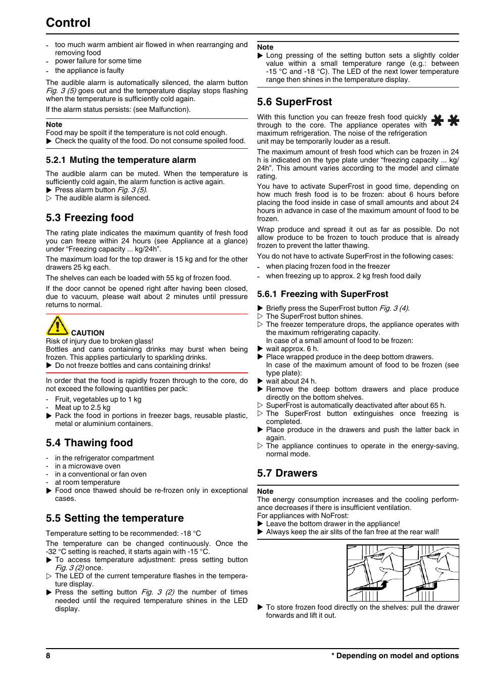 1muting the temperature alarm, 3freezing food, 4thawing food | 5setting the temperature, 6superfrost, 1freezing with superfrost, 7drawers, Control, 3 freezing food, 4 thawing food | Liebherr GN 4113 Comfort NoFrost User Manual | Page 8 / 12