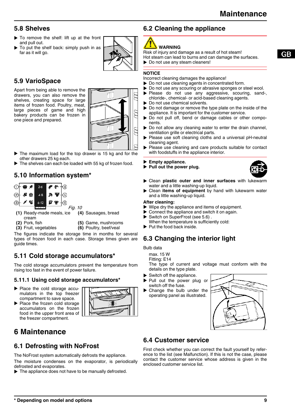 8shelves, 9variospace, 10information system | 11cold storage accumulators, 1using cold storage accumulators, 6maintenance, 1defrosting with nofrost, 2cleaning the appliance, 3changing the interior light, 4customer service | Liebherr GN 4113 Comfort NoFrost User Manual | Page 9 / 12