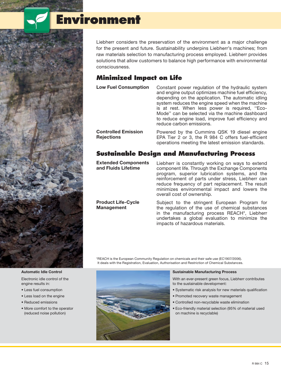 Environment, Minimized impact on life, Sustainable design and manufacturing process | Liebherr R 984 C User Manual | Page 15 / 30