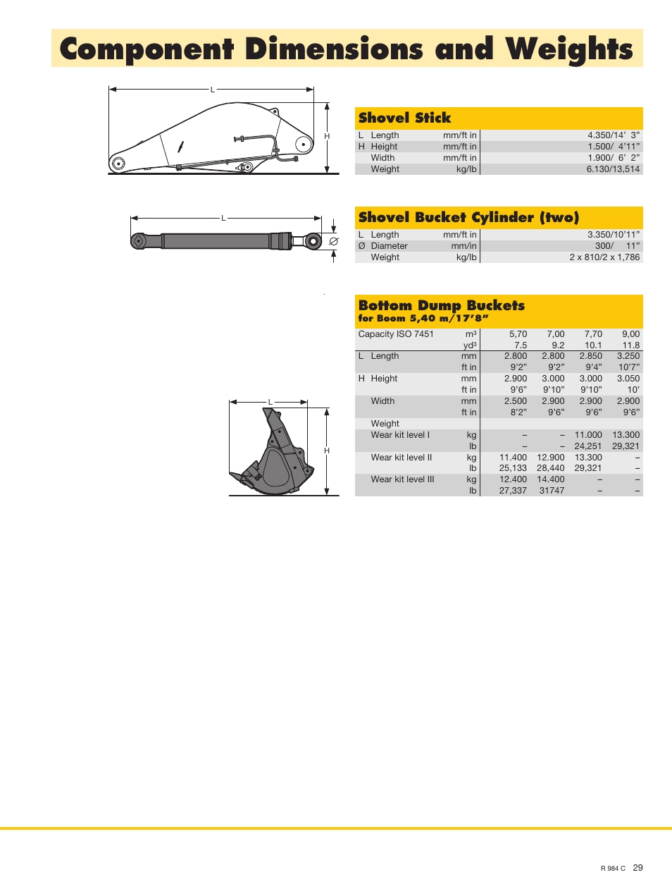 Component dimensions and weights, Shovel stick, Shovel bucket cylinder (two) | Bottom dump buckets | Liebherr R 984 C User Manual | Page 29 / 30