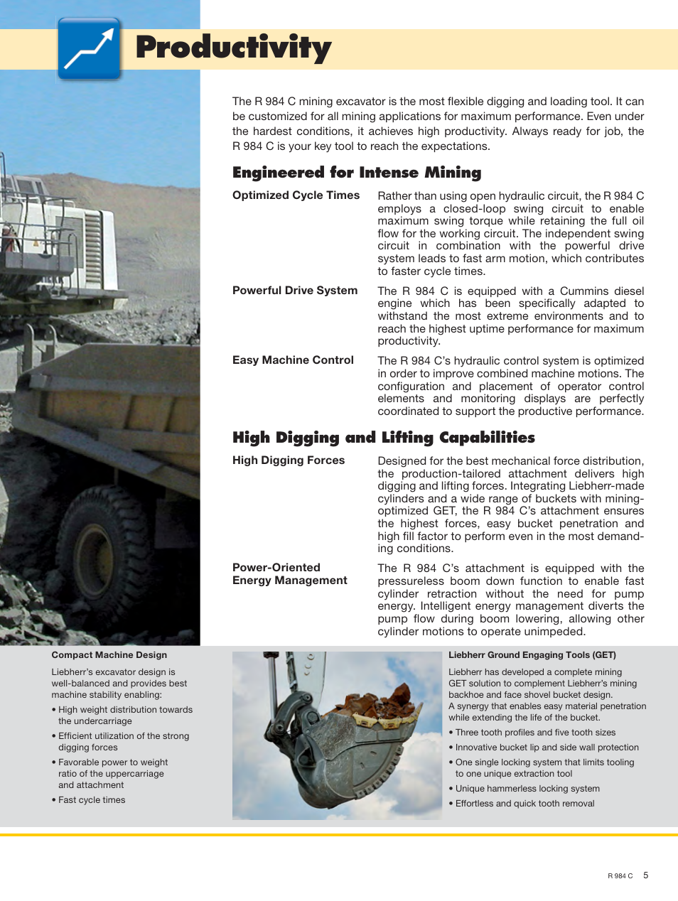 Productivity, Engineered for intense mining, High digging and lifting capabilities | Liebherr R 984 C User Manual | Page 5 / 30