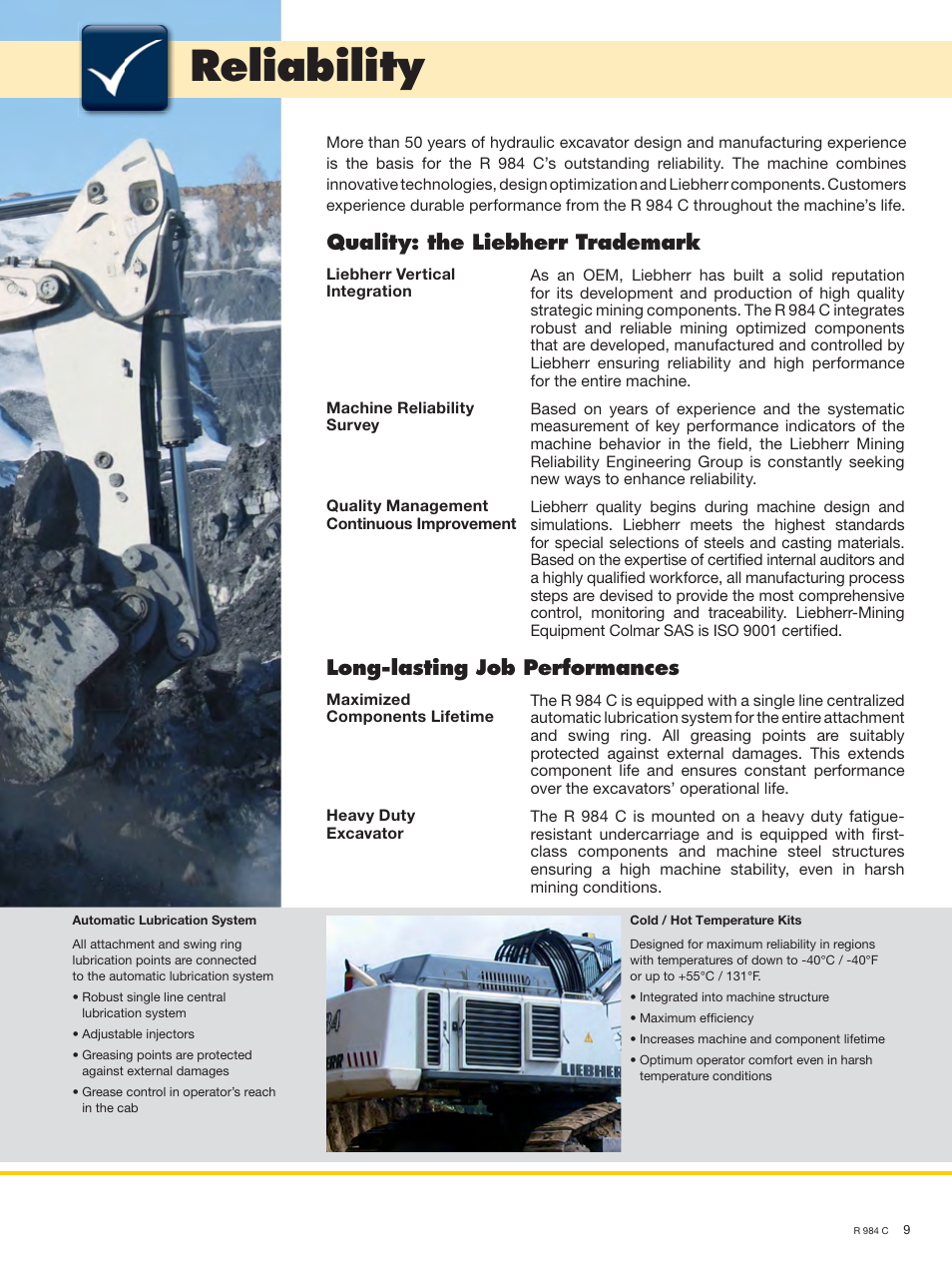 Reliability, Quality: the liebherr trademark, Long-lasting job performances | Liebherr R 984 C User Manual | Page 9 / 30