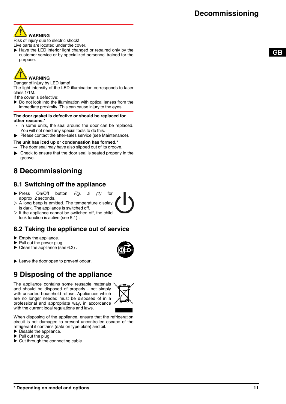 8decommissioning, 1switching off the appliance, 2taking the appliance out of service | 9disposing of the appliance, 8 decommissioning, 9 disposing of the appliance, Decommissioning, 1 switching off the appliance, 2 taking the appliance out of service | Liebherr IKBP 3554 Premium BioFresh User Manual | Page 11 / 12