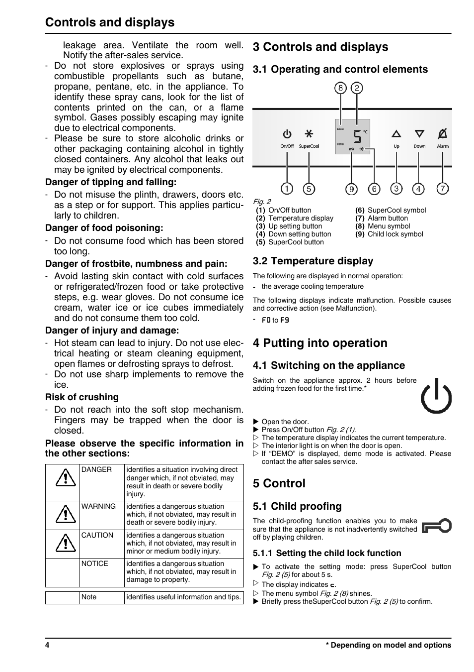 3controls and displays, 1operating and control elements, 2temperature display | 4putting into operation, 1switching on the appliance, 5control, 1child proofing, 1setting the child lock function, 3 controls and displays, 4 putting into operation | Liebherr IKBP 3554 Premium BioFresh User Manual | Page 4 / 12