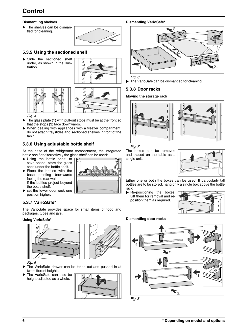 5using the sectioned shelf, 6using adjustable bottle shelf, 7variosafe | 8door racks, Control | Liebherr IKBP 3554 Premium BioFresh User Manual | Page 6 / 12