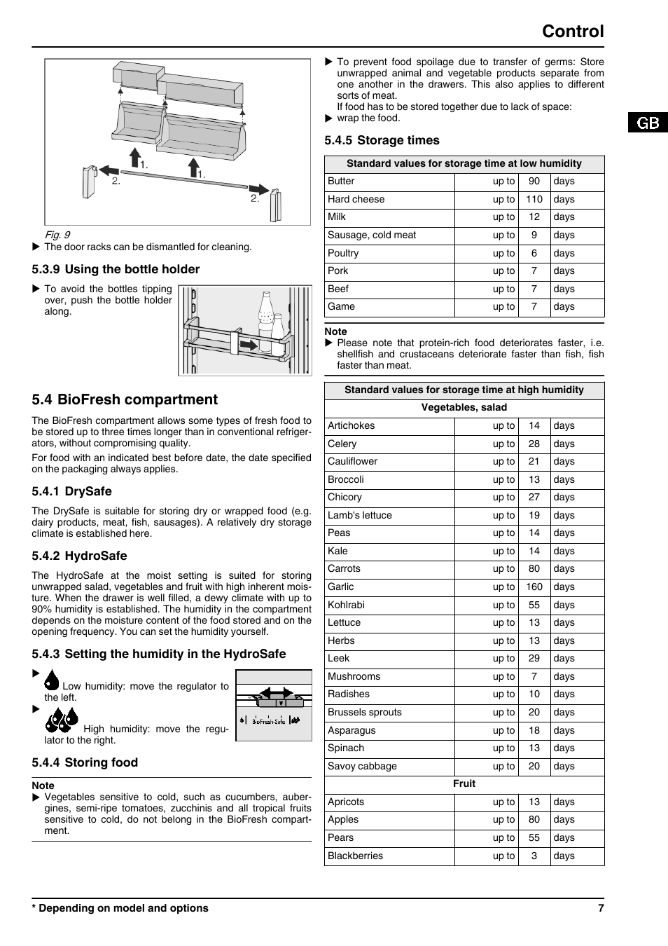 9using the bottle holder, 4biofresh compartment, 1drysafe | 2hydrosafe, 3setting the humidity in the hydrosafe, 4storing food, 5storage times, Control, 4 biofresh compartment | Liebherr IKBP 3554 Premium BioFresh User Manual | Page 7 / 12