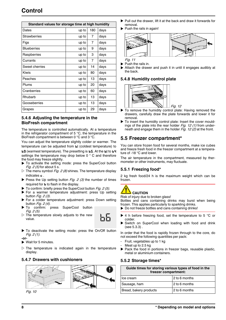 7drawers with cushioners, 8humidity control plate, 5freezer compartment | 1freezing food, 2storage times, Control, 5 freezer compartment | Liebherr IKBP 3554 Premium BioFresh User Manual | Page 8 / 12