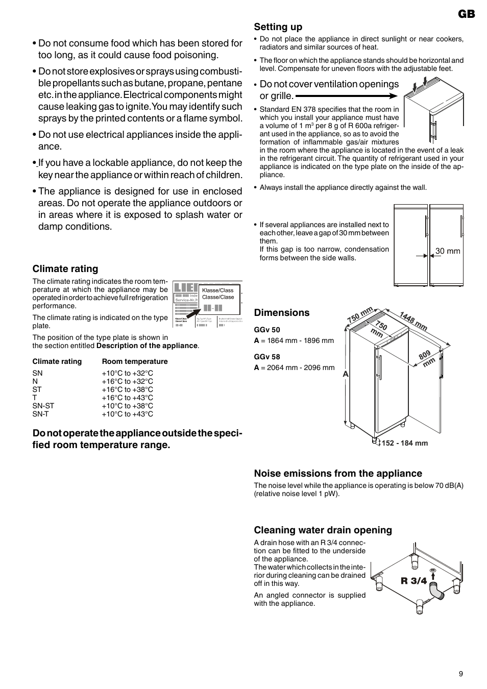 Setting up, Do not cover ventilation openings or grille, Dimensions | Climate rating, Cleaning water drain opening | Liebherr GGv 5060 User Manual | Page 3 / 7