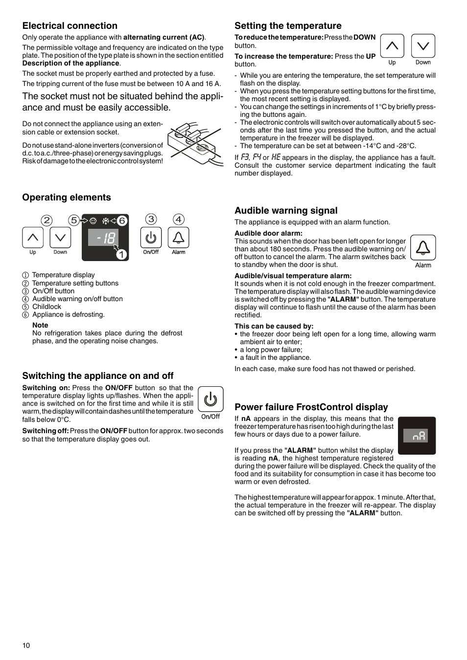 Switching the appliance on and off, Audible warning signal, Operating elements | Setting the temperature, Power failure frostcontrol display, Electrical connection | Liebherr GGv 5060 User Manual | Page 4 / 7