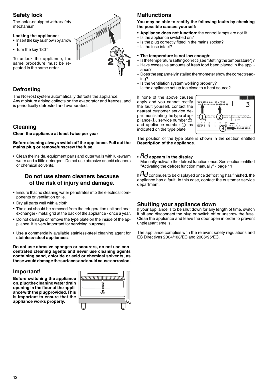 Cleaning, Important, Defrosting | Malfunctions, Shutting your appliance down, Safety lock | Liebherr GGv 5060 User Manual | Page 6 / 7