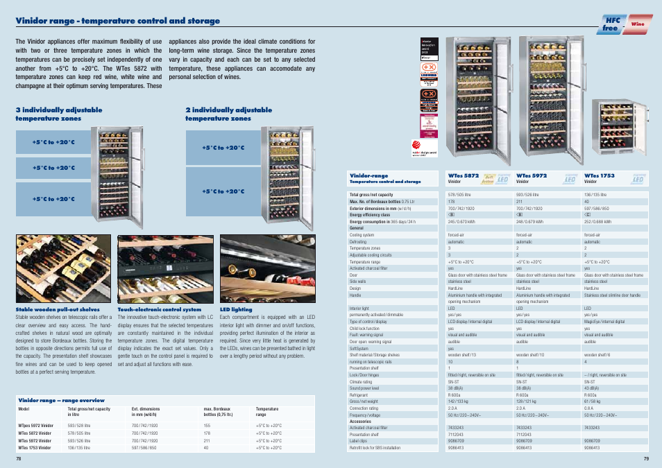 Vinidor range - temperature control and storage, Hfc free, 3 individually adjustable temperature zones | 2 individually adjustable temperature zones | Liebherr WKt 5552 GrandCru User Manual | Page 40 / 51