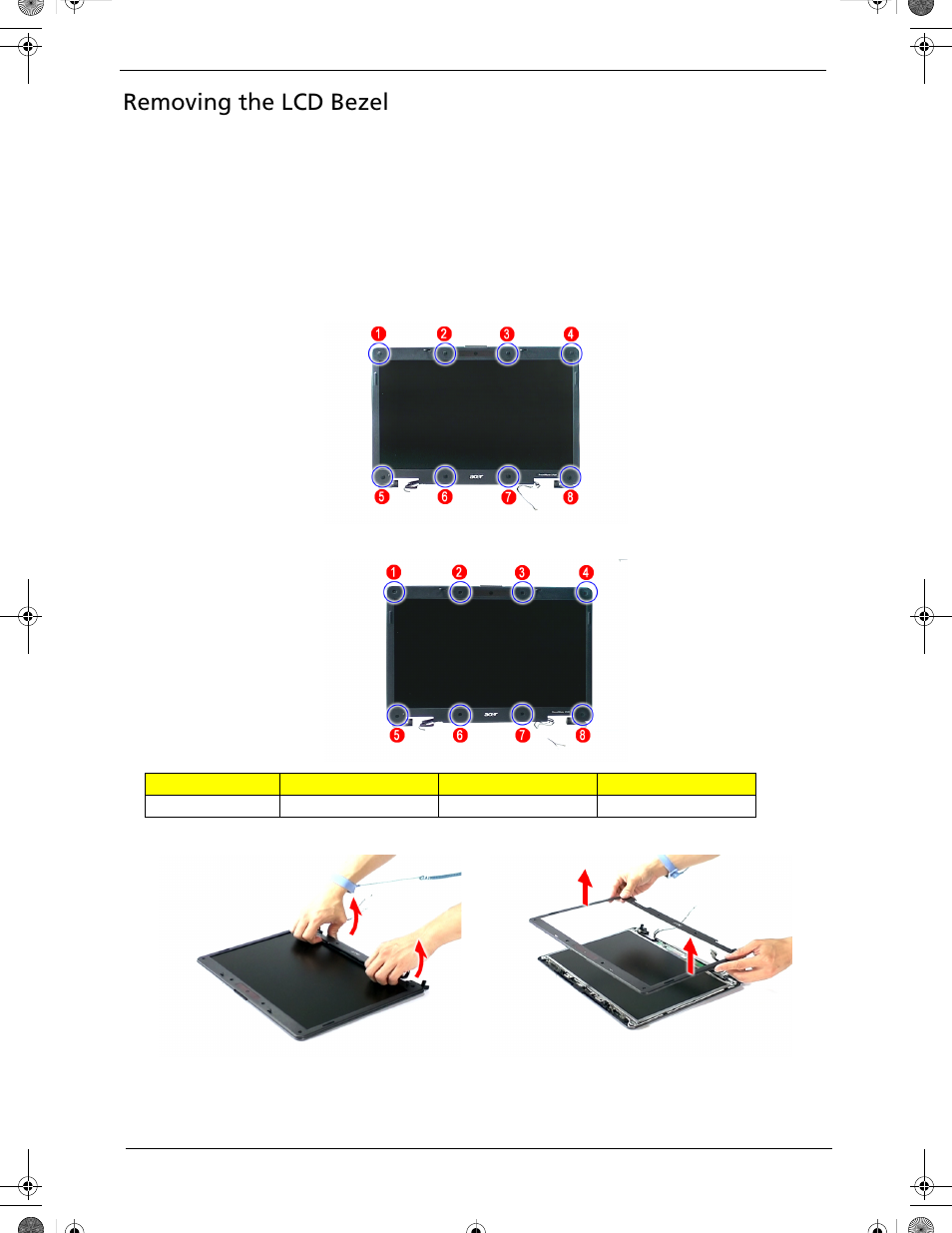 Removing the lcd bezel | Acer 5320 User Manual | Page 104 / 182