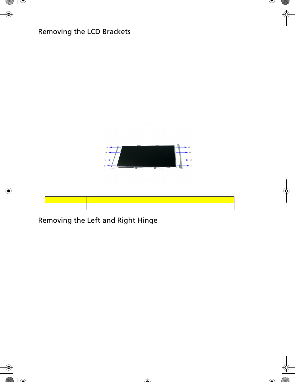Removing the lcd brackets, Removing the left and right hinge | Acer 5320 User Manual | Page 107 / 182