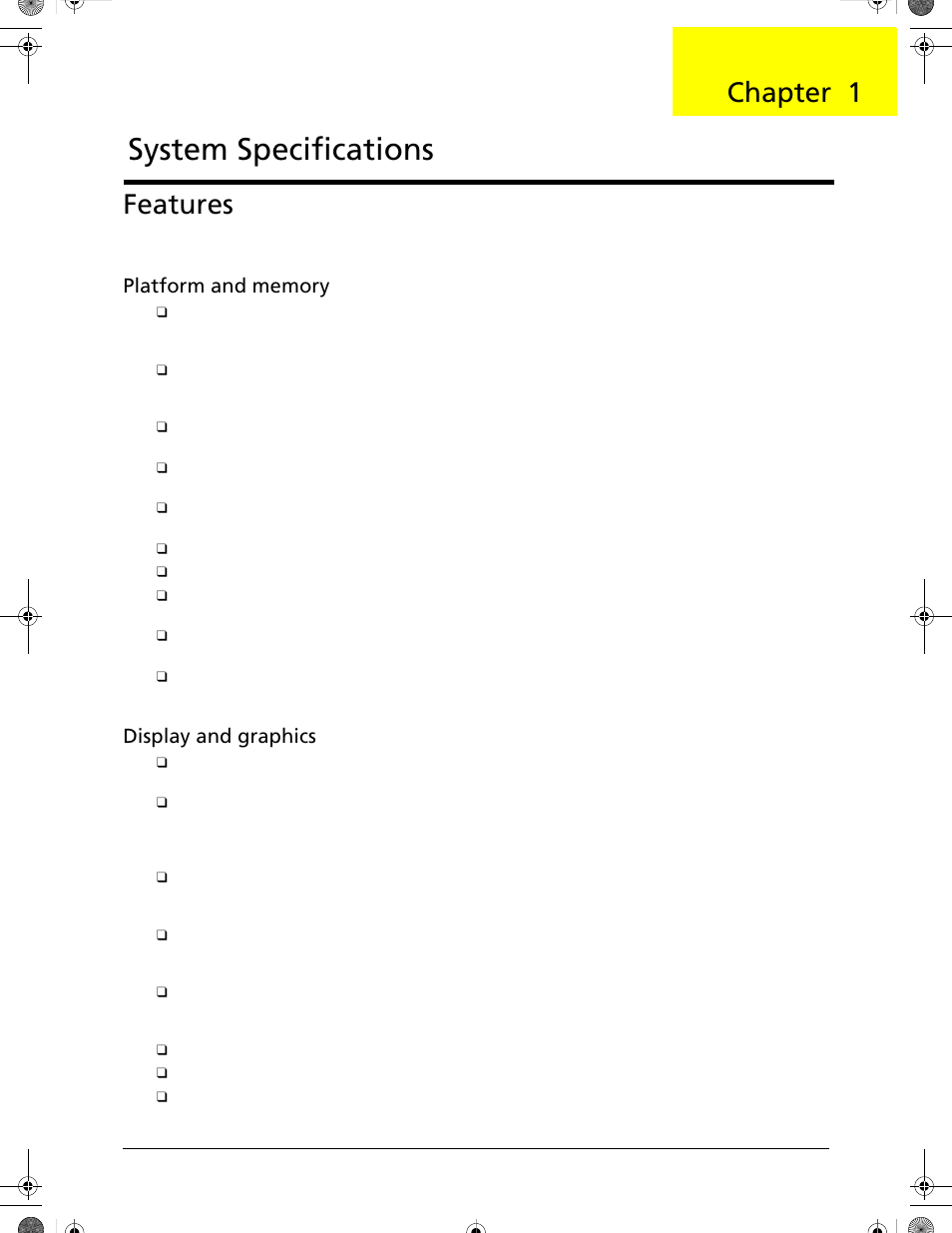 Features, System specifications, Chapter 1 | Display and graphics | Acer 5320 User Manual | Page 11 / 182