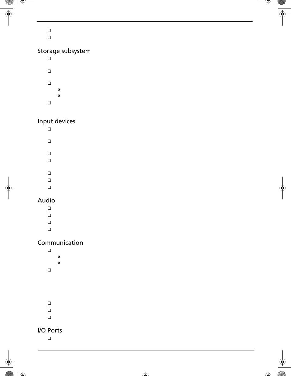Storage subsystem, Input devices, Audio | Communication, I/o ports | Acer 5320 User Manual | Page 12 / 182