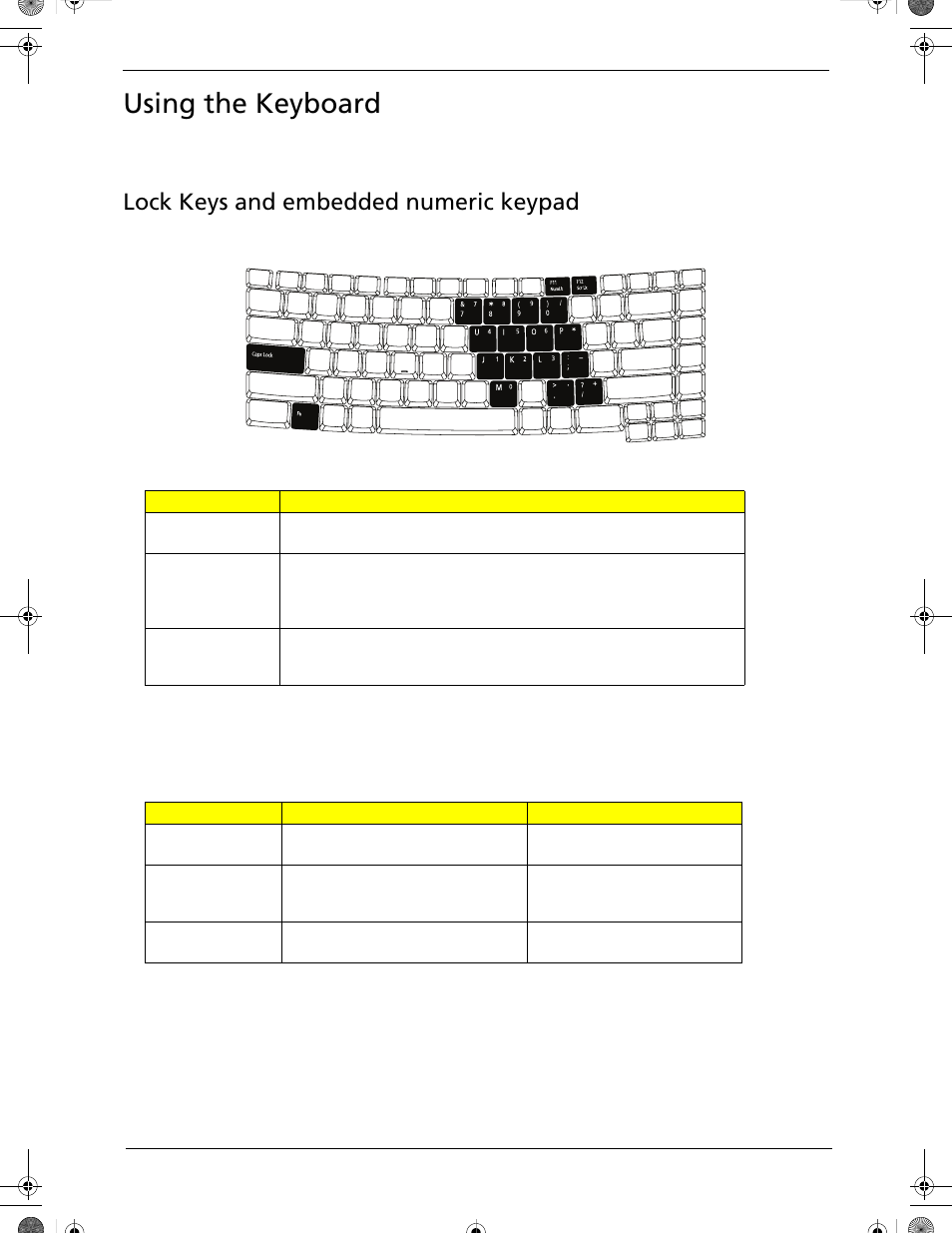 Using the keyboard, Lock keys and embedded numeric keypad | Acer 5320 User Manual | Page 23 / 182