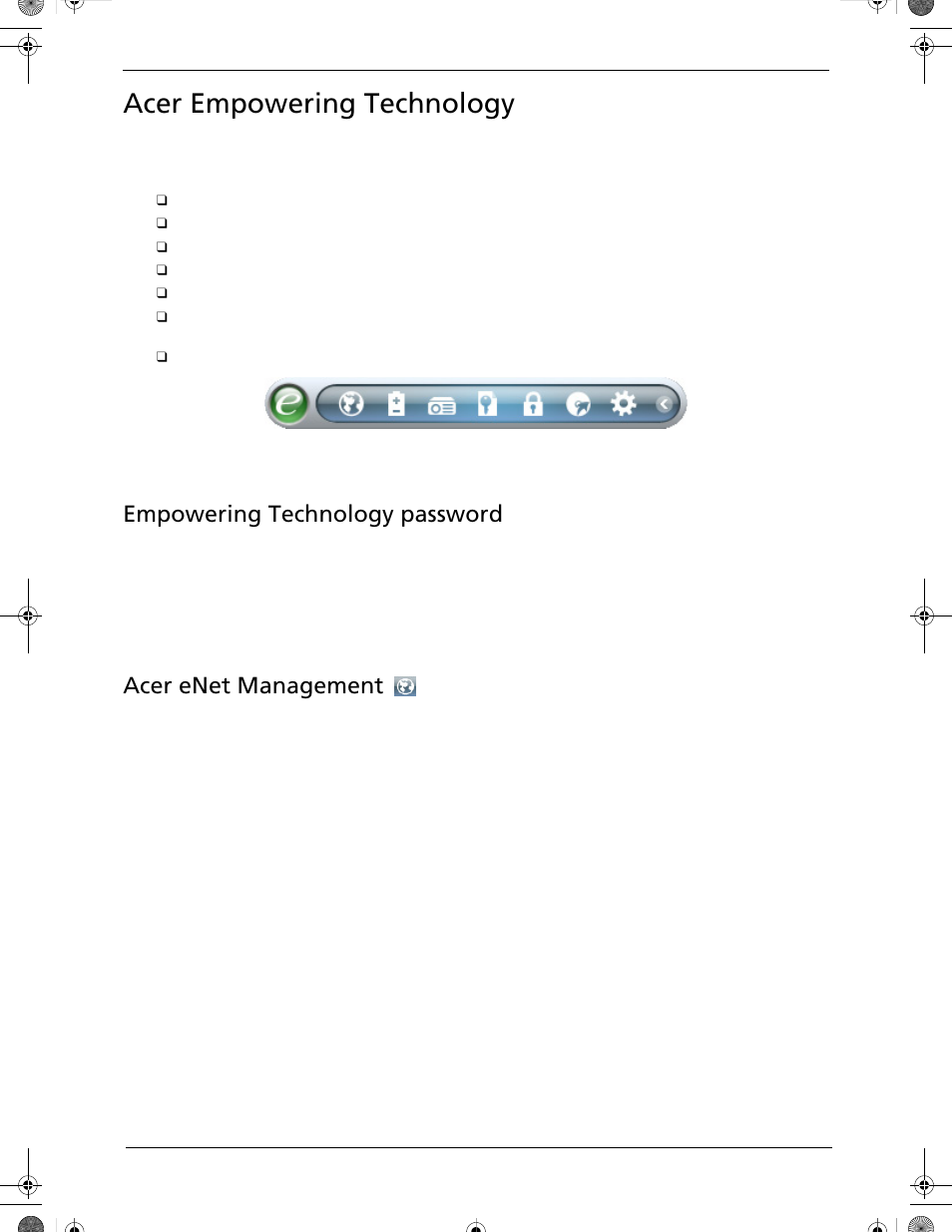Acer empowering technology, Empowering technology password, Acer enet management | Acer 5320 User Manual | Page 27 / 182