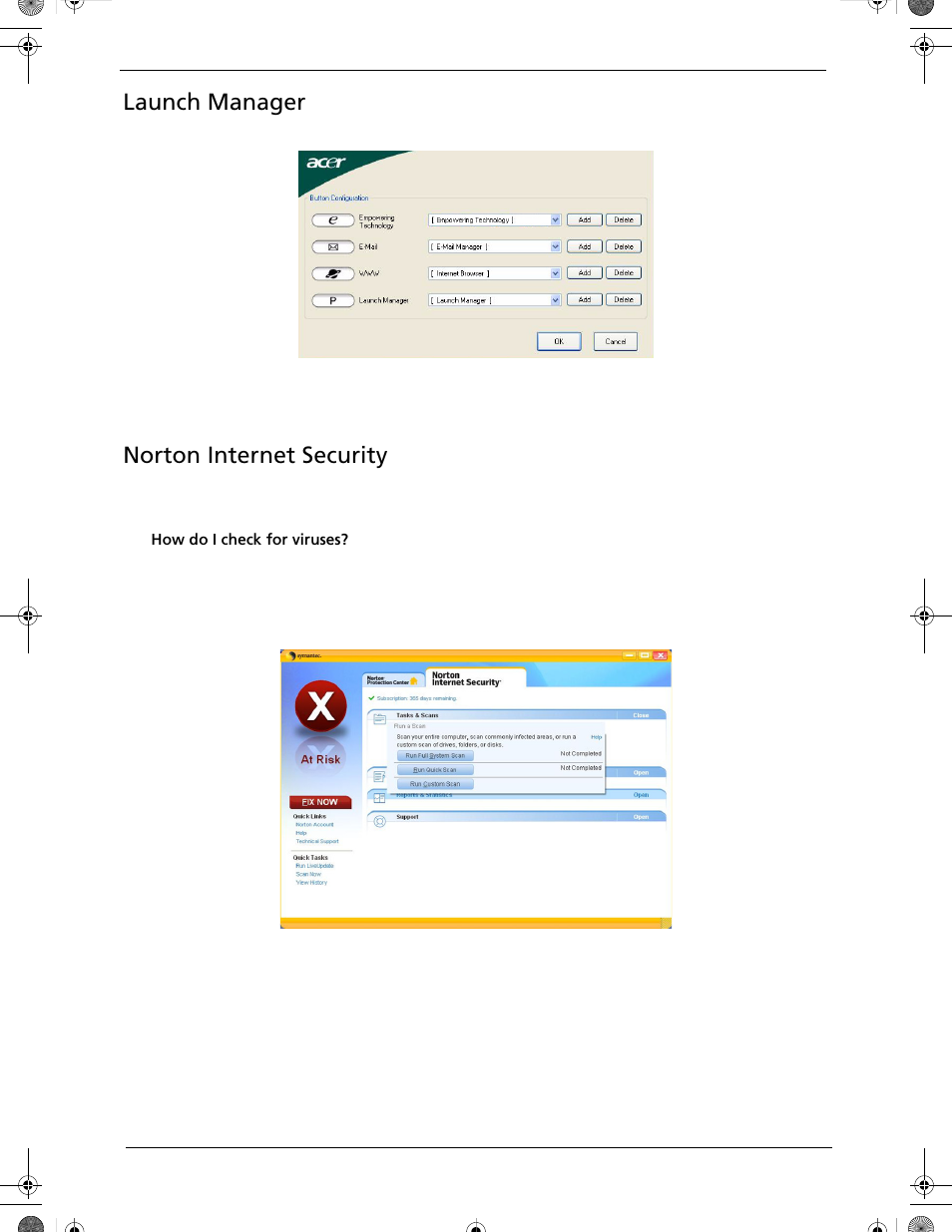 Launch manager, Norton internet security, Launch manager norton internet security | Acer 5320 User Manual | Page 38 / 182