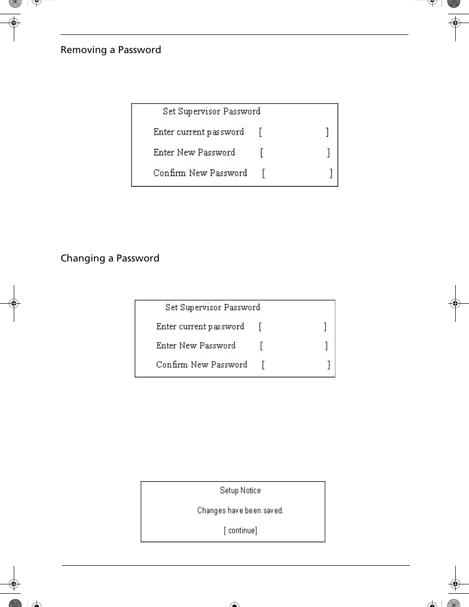 Removing a password, Changing a password | Acer 5320 User Manual | Page 57 / 182