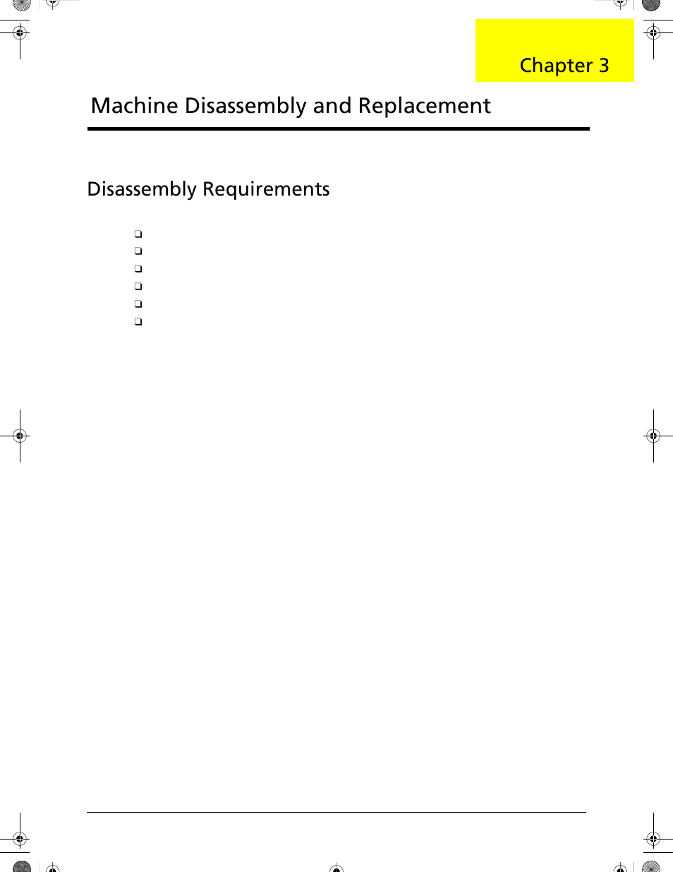 Disassembly requirements, Machine disassembly and replacement, Chapter 3 | Acer 5320 User Manual | Page 67 / 182