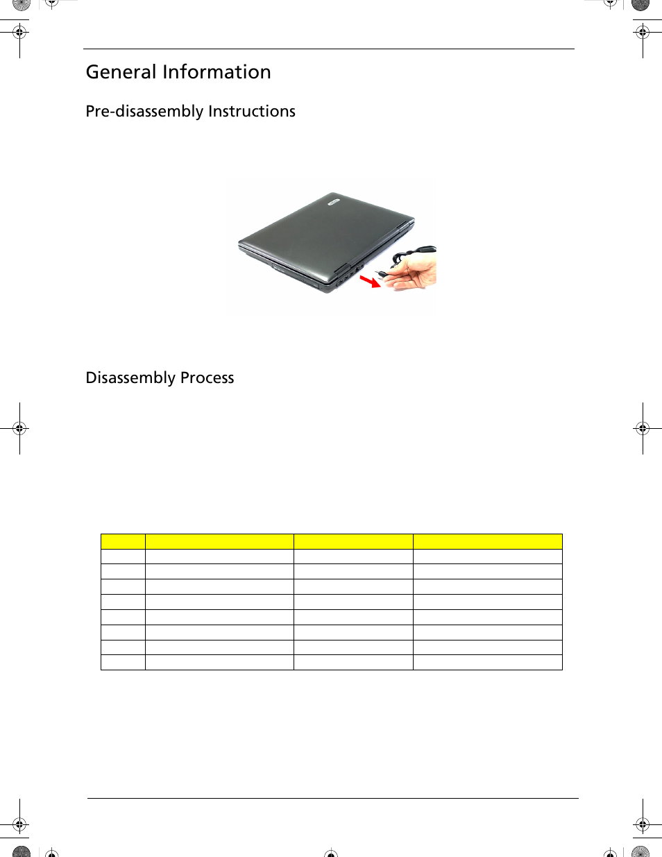 General information, Pre-disassembly instructions, Disassembly process | Pre-disassembly instructions disassembly process | Acer 5320 User Manual | Page 68 / 182