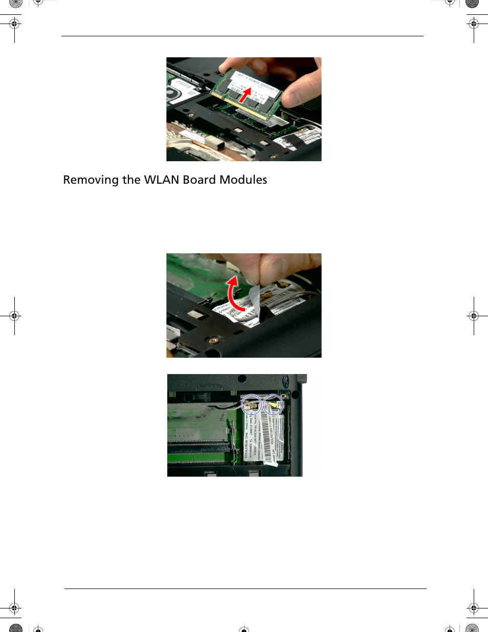 Removing the wlan board modules | Acer 5320 User Manual | Page 74 / 182