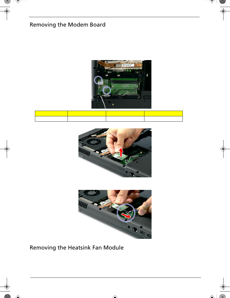 Removing the modem board, Removing the heatsink fan module | Acer 5320 User Manual | Page 80 / 182