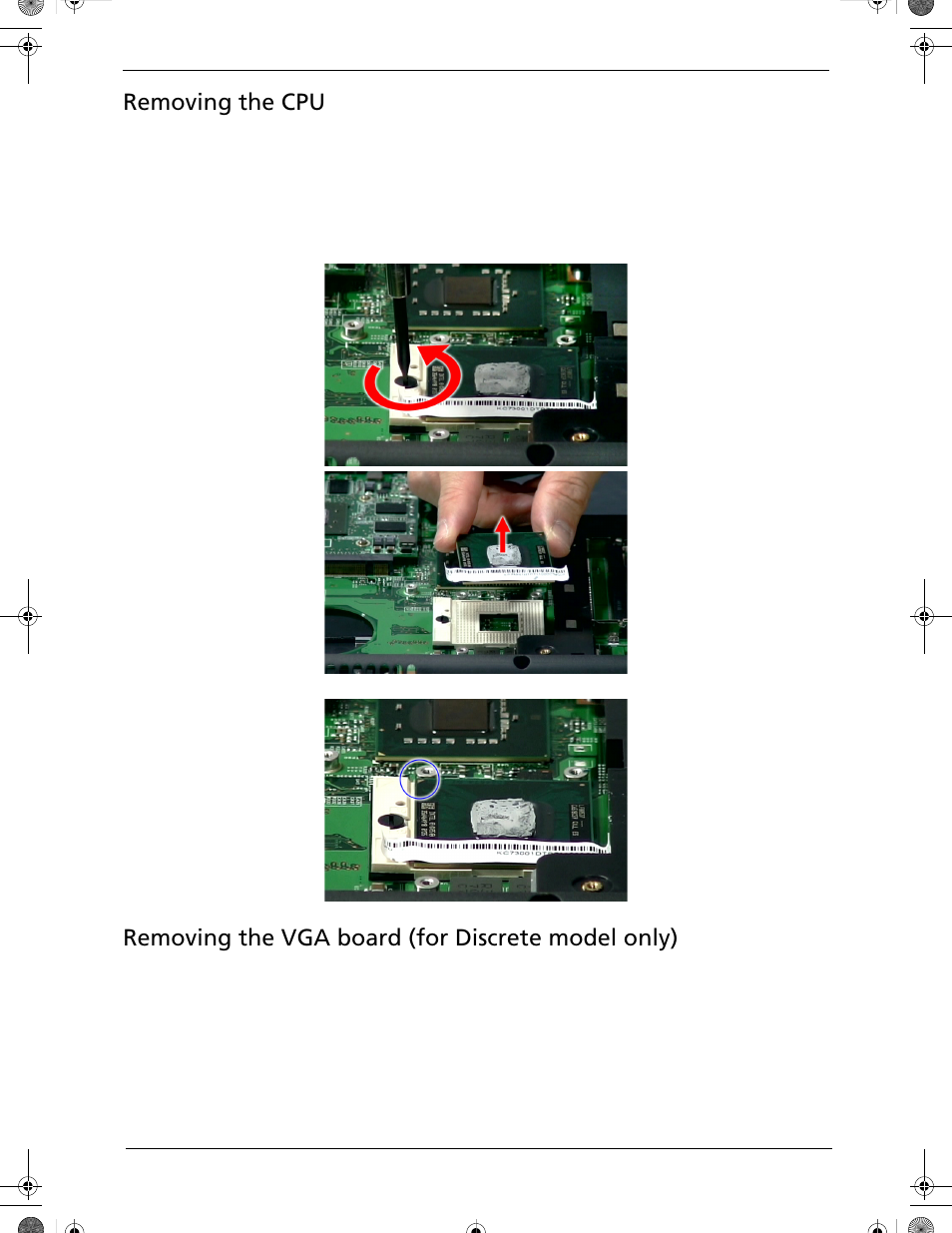 Removing the cpu, Removing the vga board (for discrete model only) | Acer 5320 User Manual | Page 83 / 182