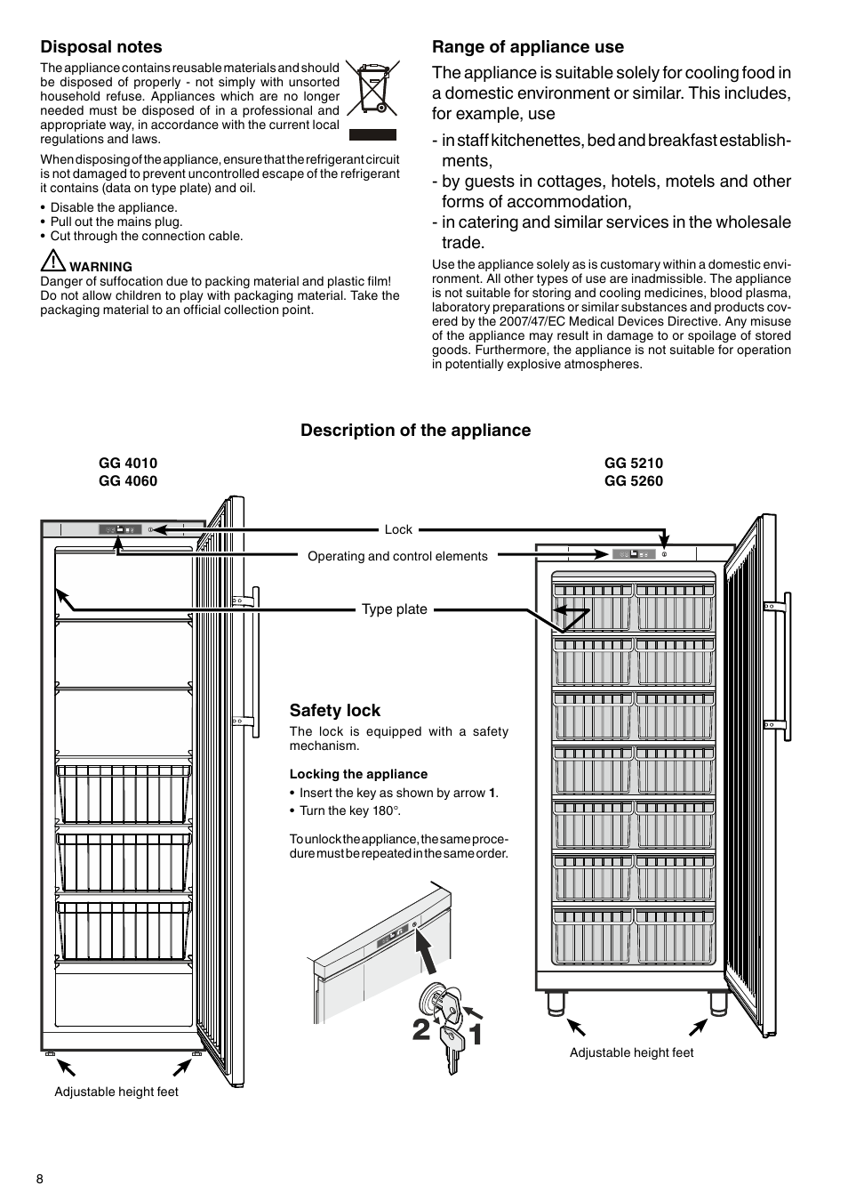 Description of the appliance, Safety lock | Liebherr GG 4010 User Manual | Page 2 / 7
