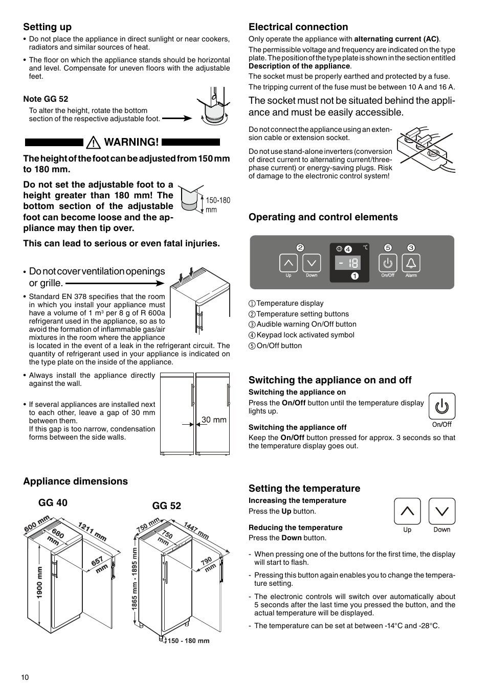 Warning, Switching the appliance on and off, Setting the temperature | Operating and control elements, Appliance dimensions electrical connection, Setting up, Do not cover ventilation openings or grille, Gg 40 gg 52 | Liebherr GG 4010 User Manual | Page 4 / 7