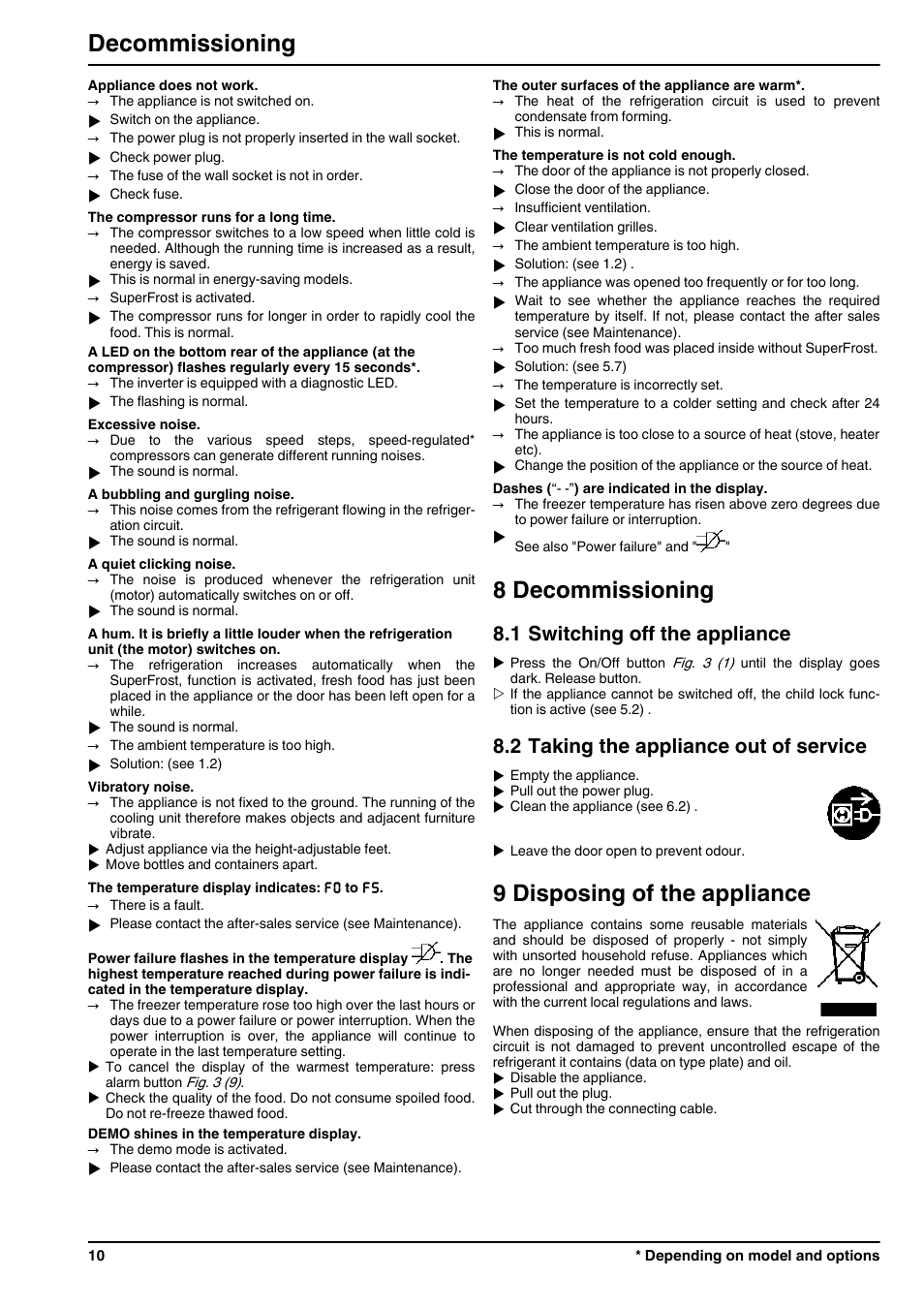 8decommissioning, 1switching off the appliance, 2taking the appliance out of service | 9disposing of the appliance, 8 decommissioning, 9 disposing of the appliance, Decommissioning, 1 switching off the appliance, 2 taking the appliance out of service | Liebherr GP 1476 Premium User Manual | Page 10 / 12