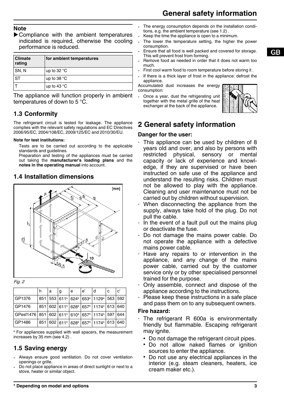 3conformity, 4installation dimensions, 5saving energy | 2general safety information, 2 general safety information, General safety information, 3 conformity, 4 installation dimensions, 5 saving energy, Danger for the user | Liebherr GP 1476 Premium User Manual | Page 3 / 12