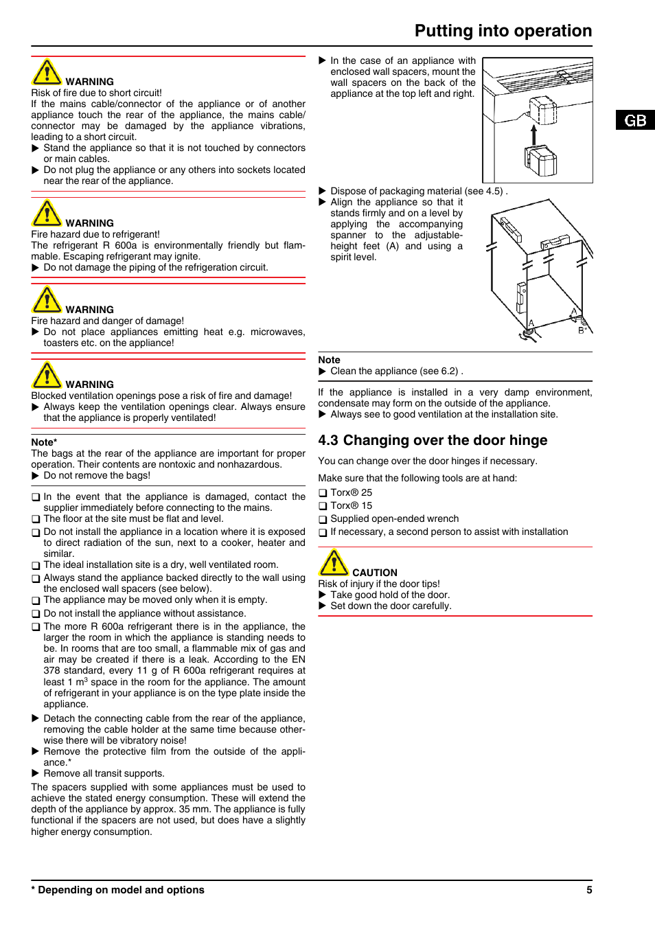 3changing over the door hinge, Putting into operation, 3 changing over the door hinge | Liebherr GP 1476 Premium User Manual | Page 5 / 12