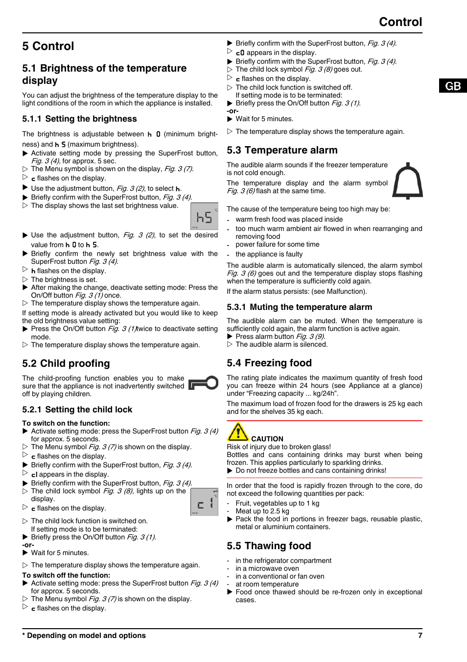 5control, 1brightness of the temperature display, 1setting the brightness | 2child proofing, 1setting the child lock, 3temperature alarm, 1muting the temperature alarm, 4freezing food, 5thawing food, 5 control | Liebherr GP 1476 Premium User Manual | Page 7 / 12