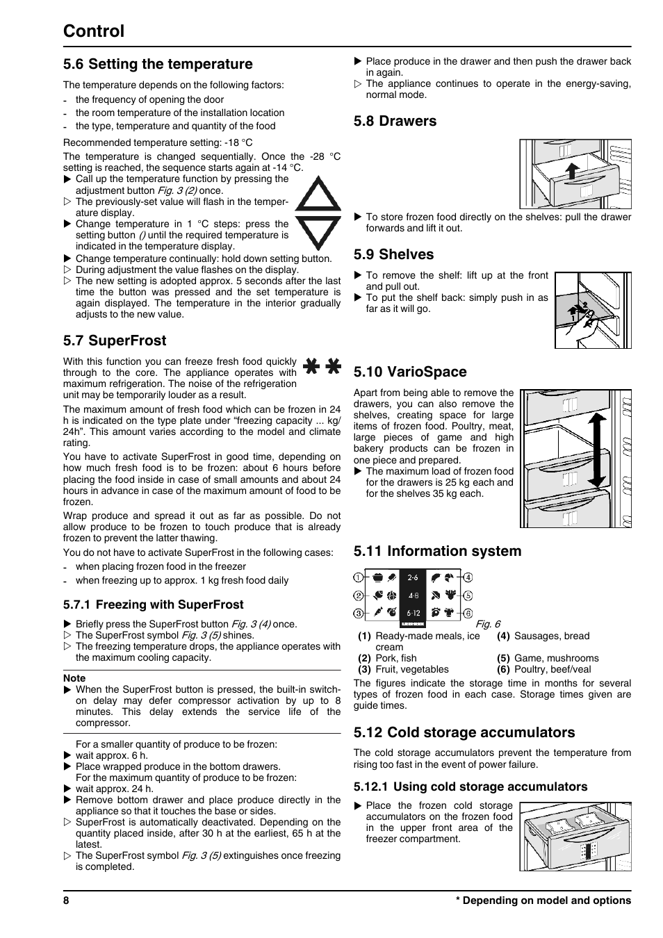 6setting the temperature, 7superfrost, 1freezing with superfrost | 8drawers, 9shelves, 10variospace, 11information system, 12cold storage accumulators, 1using cold storage accumulators, Control | Liebherr GP 1476 Premium User Manual | Page 8 / 12